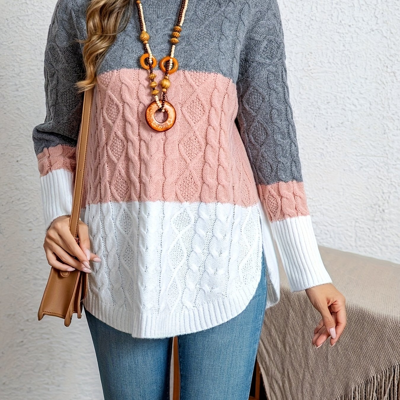 E-shop Neuer High-End Pullover für Damen, Rundhals-Pullover, Loose Sweater, Color-Block, Stilvoll mit Schlitzsaum