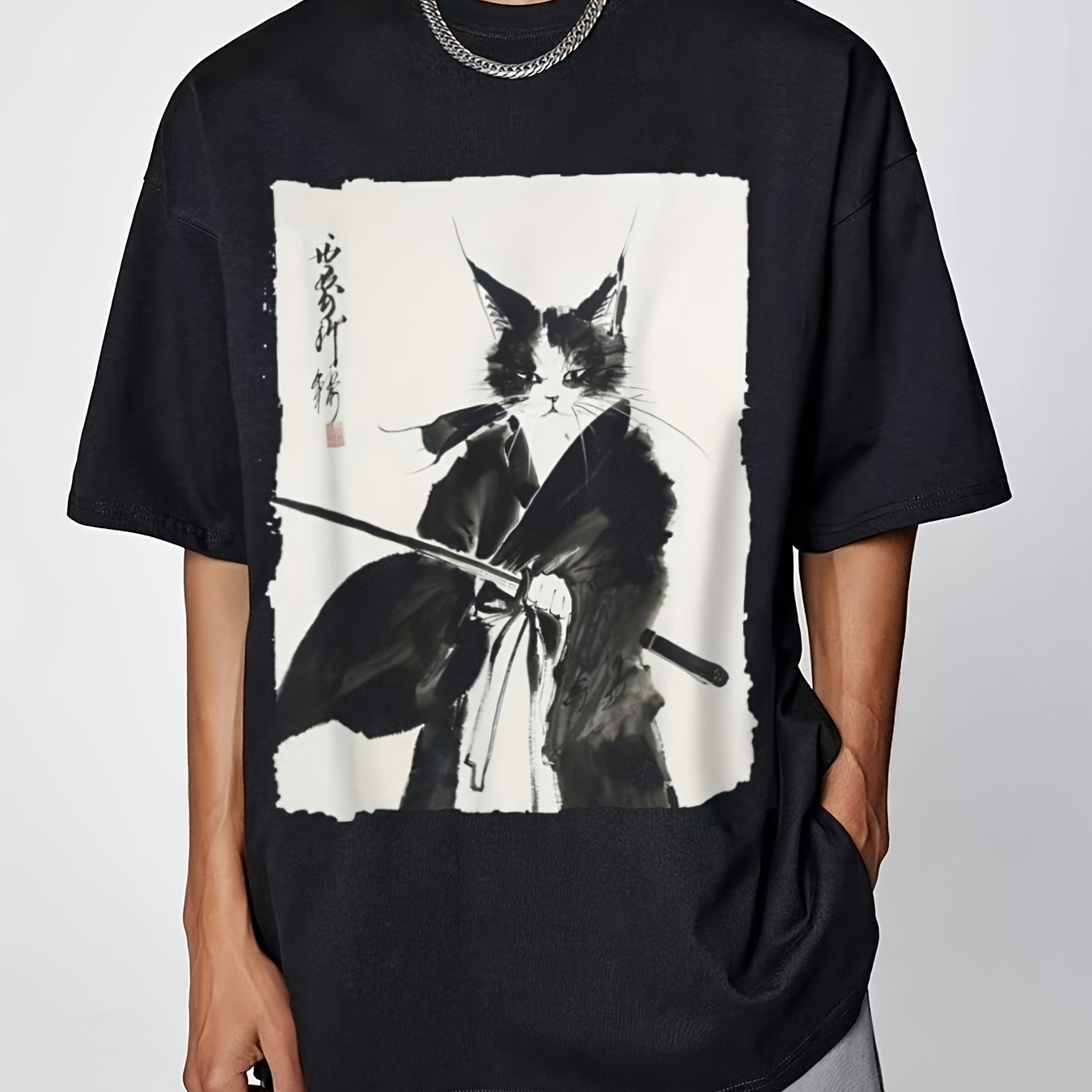 TEMU Casual T-shirt Ink Cat Print - Crew Neck, Short , Polyester Blend, For Summer