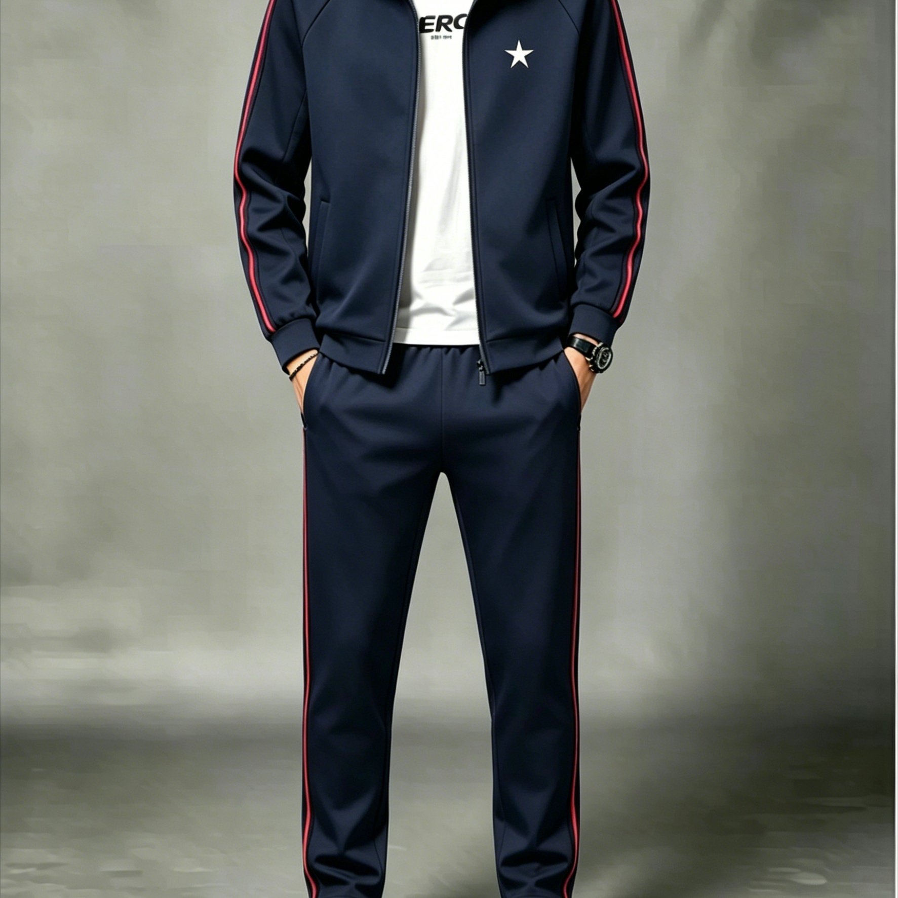 Men's Stand Collar Cardigan Sports Set, Casual 2pcs Outfit With Stripes And , Made Of Polyester Fabric