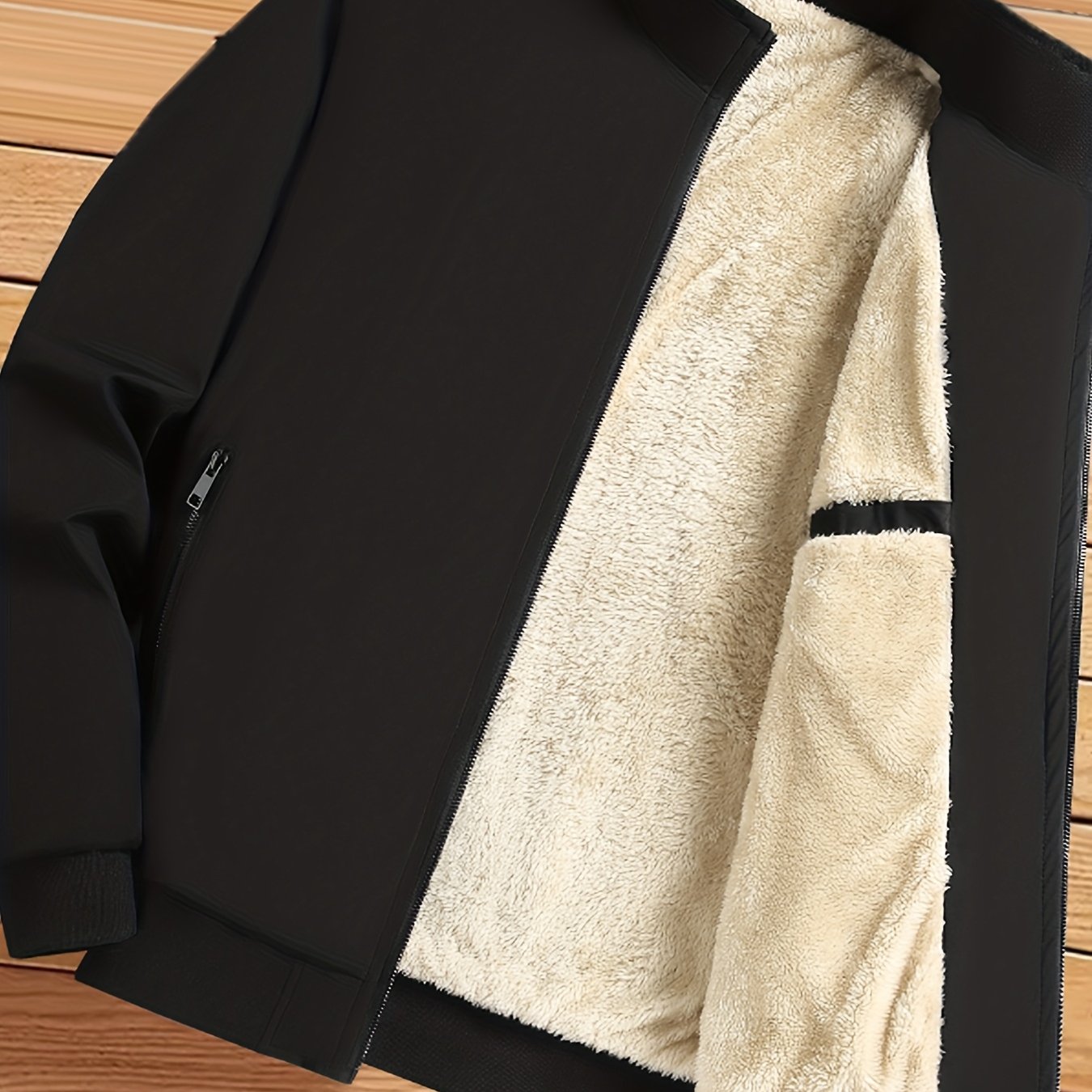 TEMU Men's -lined Jacket, Fashion Stand Collar Warm Coat, Simple Versatile Black Outerwear, Comfortable Casual Essential