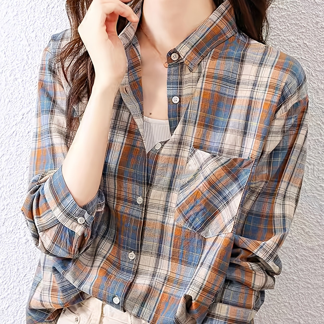TEMU 여성 블라우스, 패션 여성 탑, 긴소매 셔츠, 봄 가을 겨울 체크 셔츠, 오피스 홈웨어