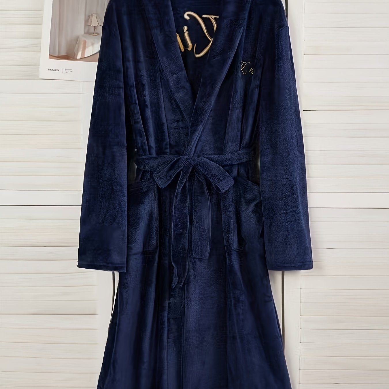 TEMU Men's Plush Fleece Bathrobe, Luxury Navy Blue Robe With English Letters Embroidery Front And Back, Shawl Collar, Shoulder, Long Sleeve, Warm