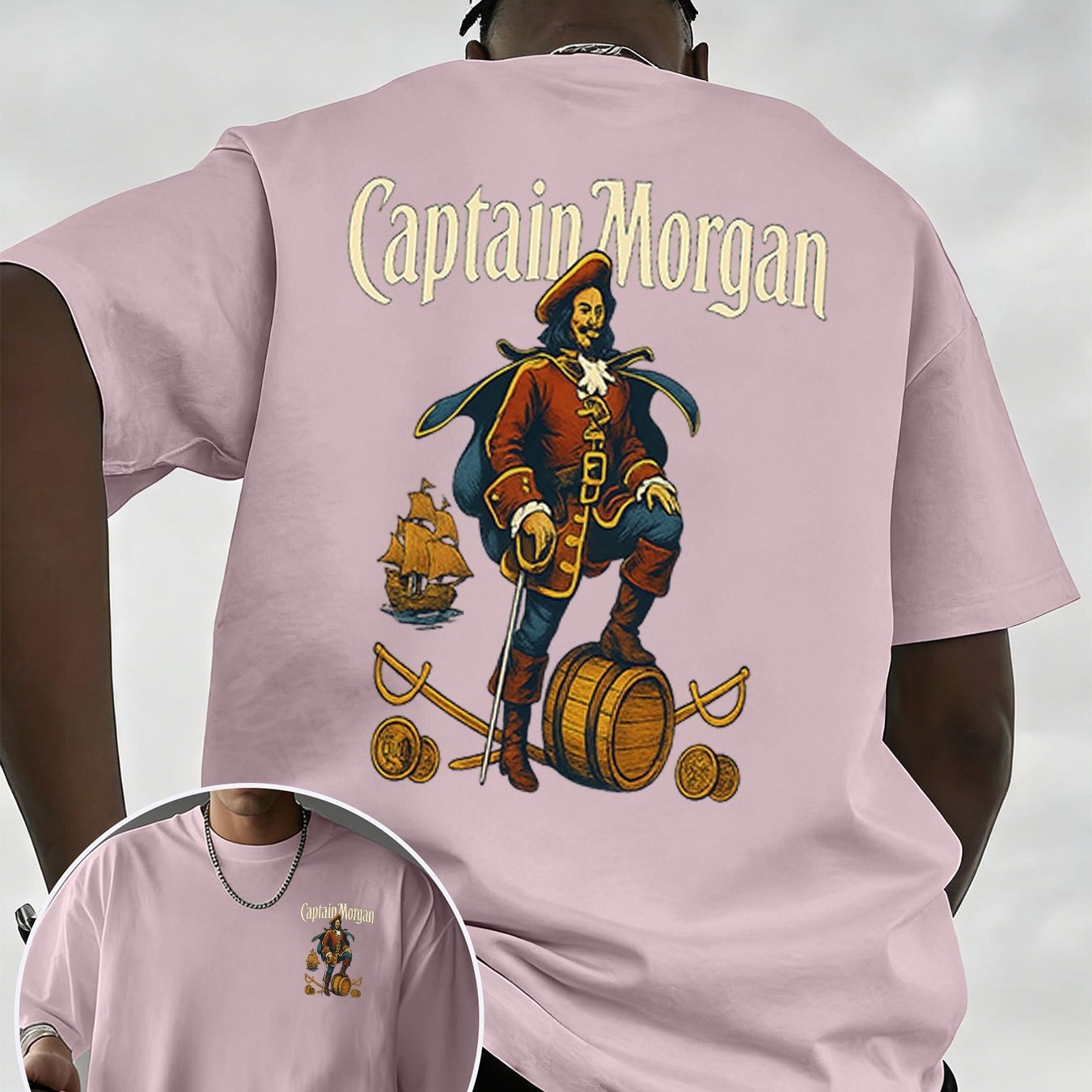 TEMU [printed Design - Not Textured] 2026 's T-shirt, Earthy Minimalist Solid Color Tee, Featuring Pirate Graphics And "captain For Morgan" Lettering