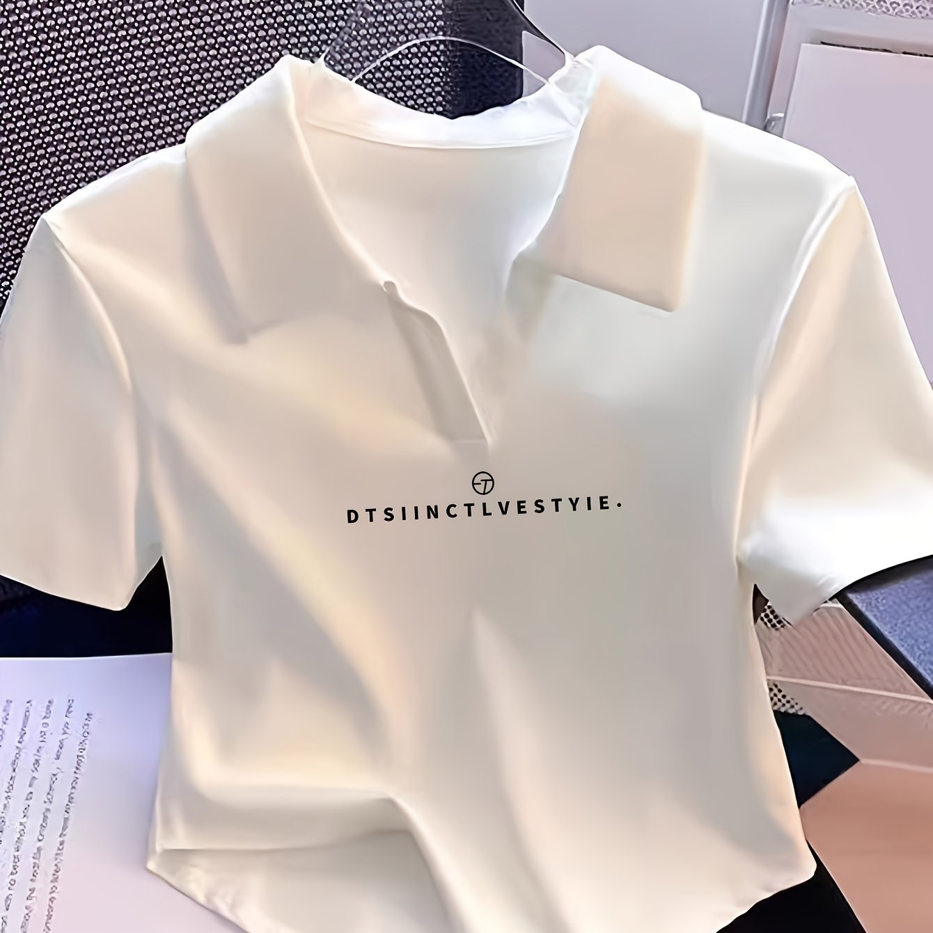 TEMU T30 Women's Summer Short Waist-cinching Shirt, Short Sleeve T-shirt, Slim Fit, Lapel Collar, Curved Hem Top