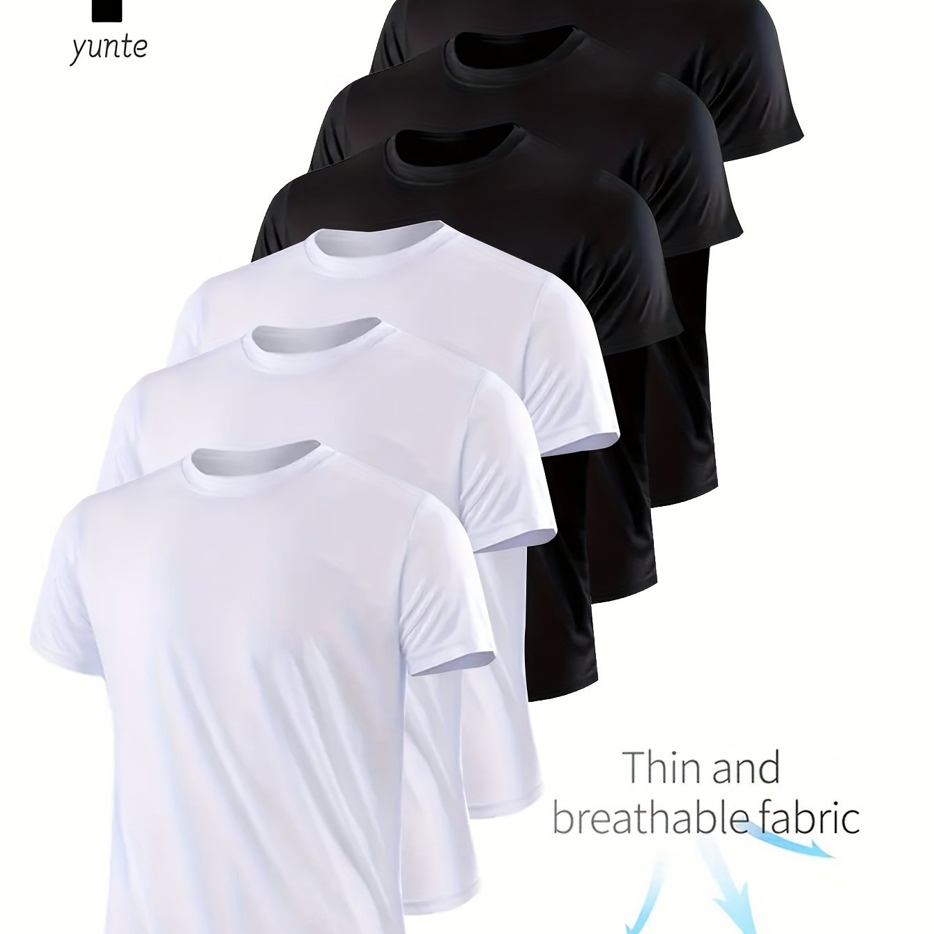 E-shop 6er-Pack weiße und schwarze ultraleichte Herren T-Shirts mit Rundhalsausschnitt - Schnelltrocknend, atmungsaktiv, schweißabsorbierend, geeignet