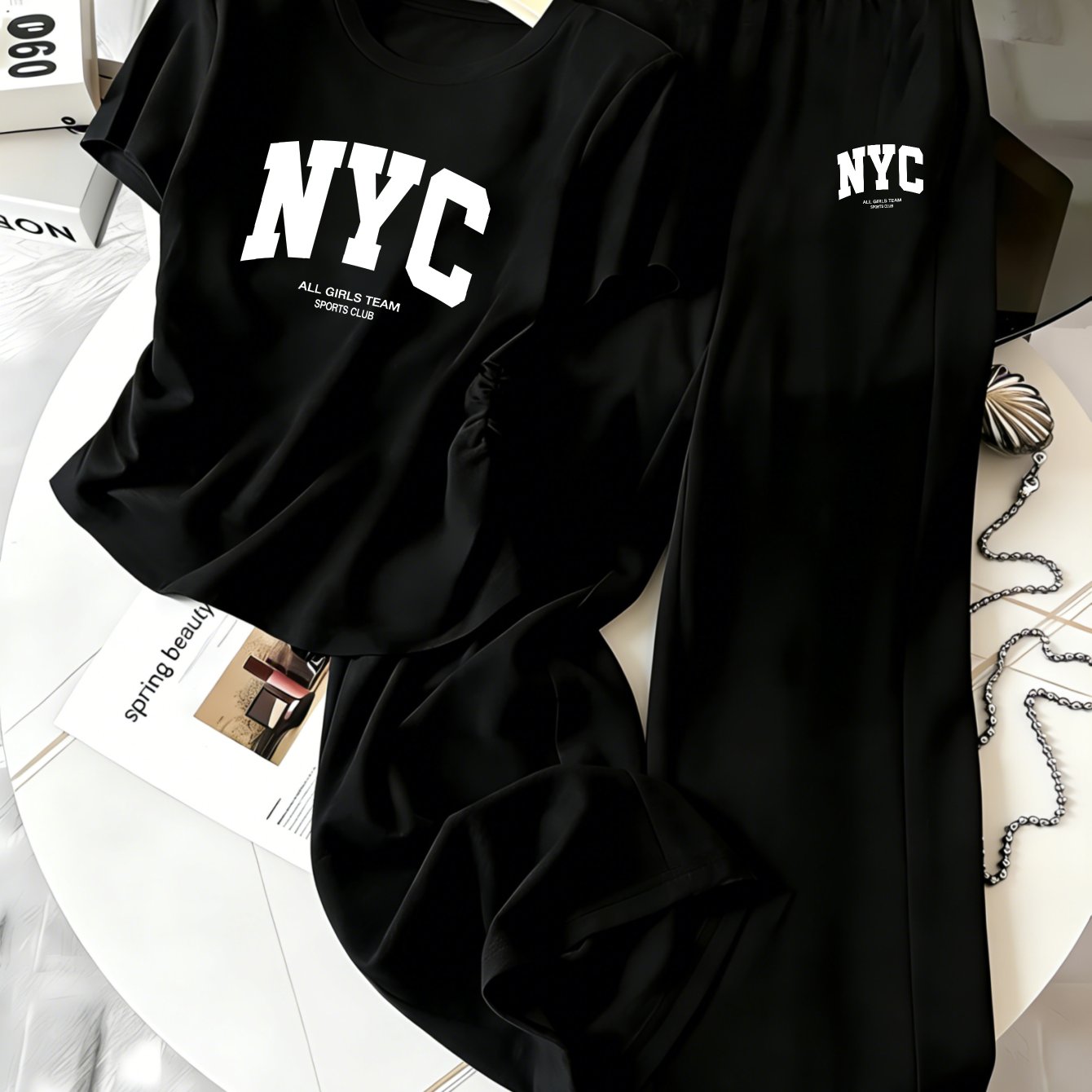 TEMU 2026 New Style, 2pcs Y2k Style Women's Versatile T-shirt   Pants Set, Fashionable And Trendy Print, With Shirred Design, Slim Fit And Casual,