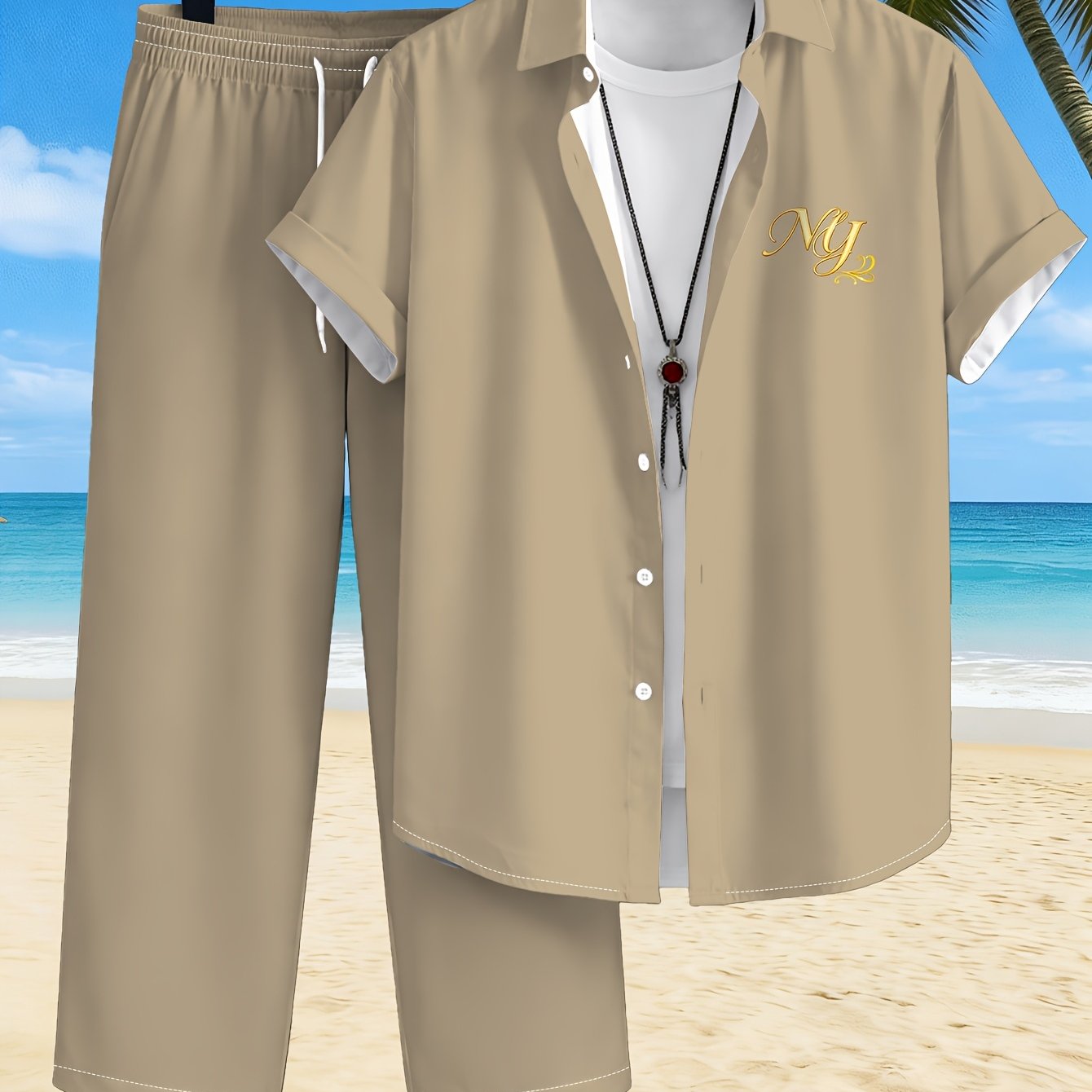 TEMU Men'-piece Set For Everyday Wear, Casual And Fashionable Men's Summer Casual Print Short-sleeved Shirt   Drawstring Trousers Two-piece Set,
