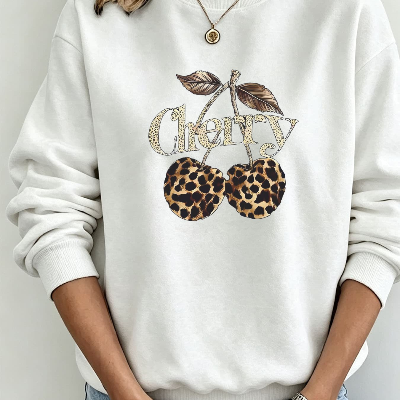 Autumn/winter New Hoodie For Women: Loose Fit Casual Pullover With Cherry & Leopard Print, Soft & Breathable, Perfect For Daily Wear & Fall, Round Neck Sweatshirt