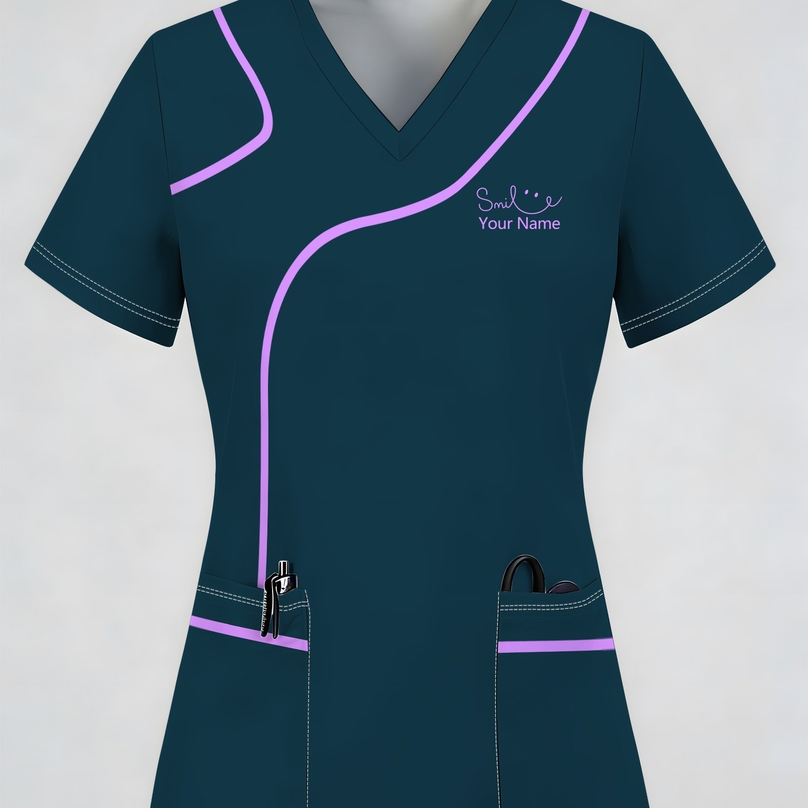TEMU T-shirt à manches courtes avec nom personnalisé, T-shirt d'uniforme de travail à imprimé linéaire pour femmes, T-shirt à manches courtes