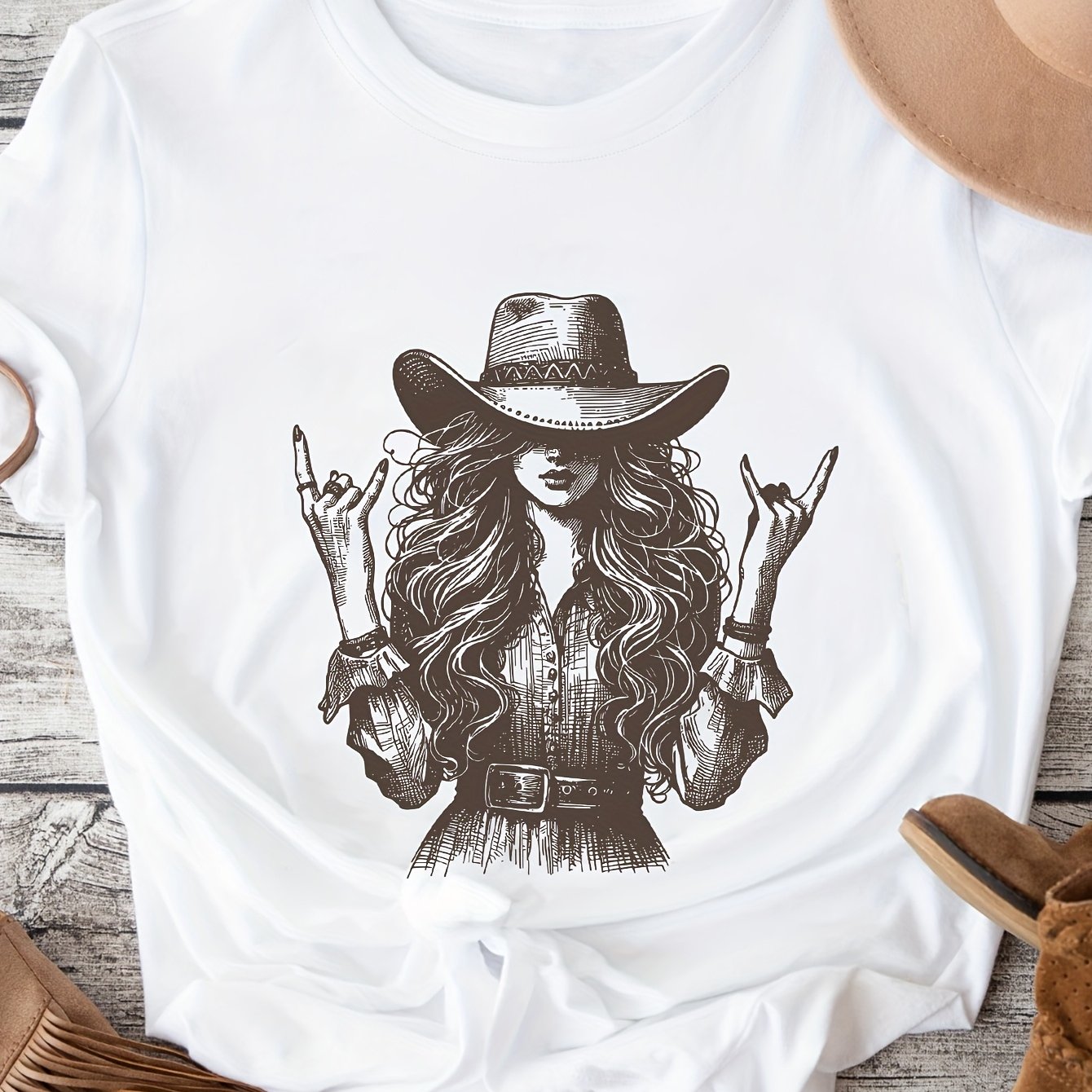 E-shop 2079 - Kreatives Damen-T-Shirt im Western-Stil mit Cowboy-Grafikdruck, kurzärmeliges, lässiges Oberteil mit Rundhalsausschnitt, geeignet für