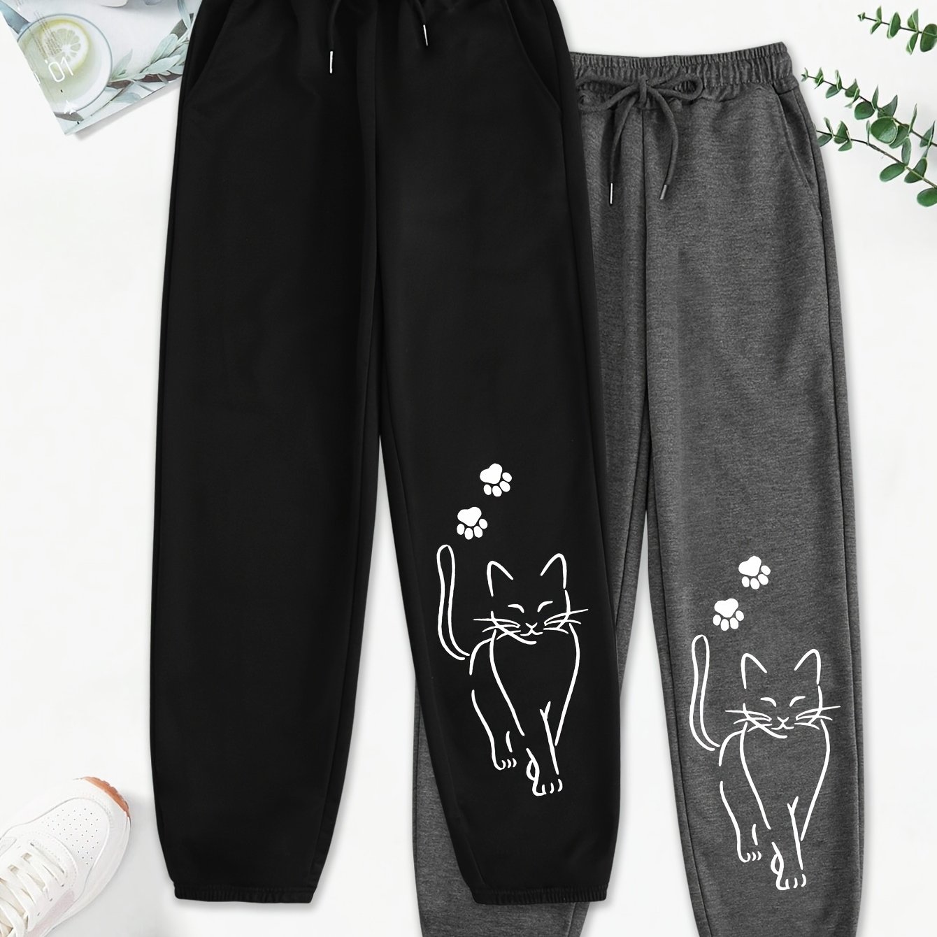 TEMU 2pcs Letter Print Pants, Elastic Waist Casual Trousers, Women's Clothing