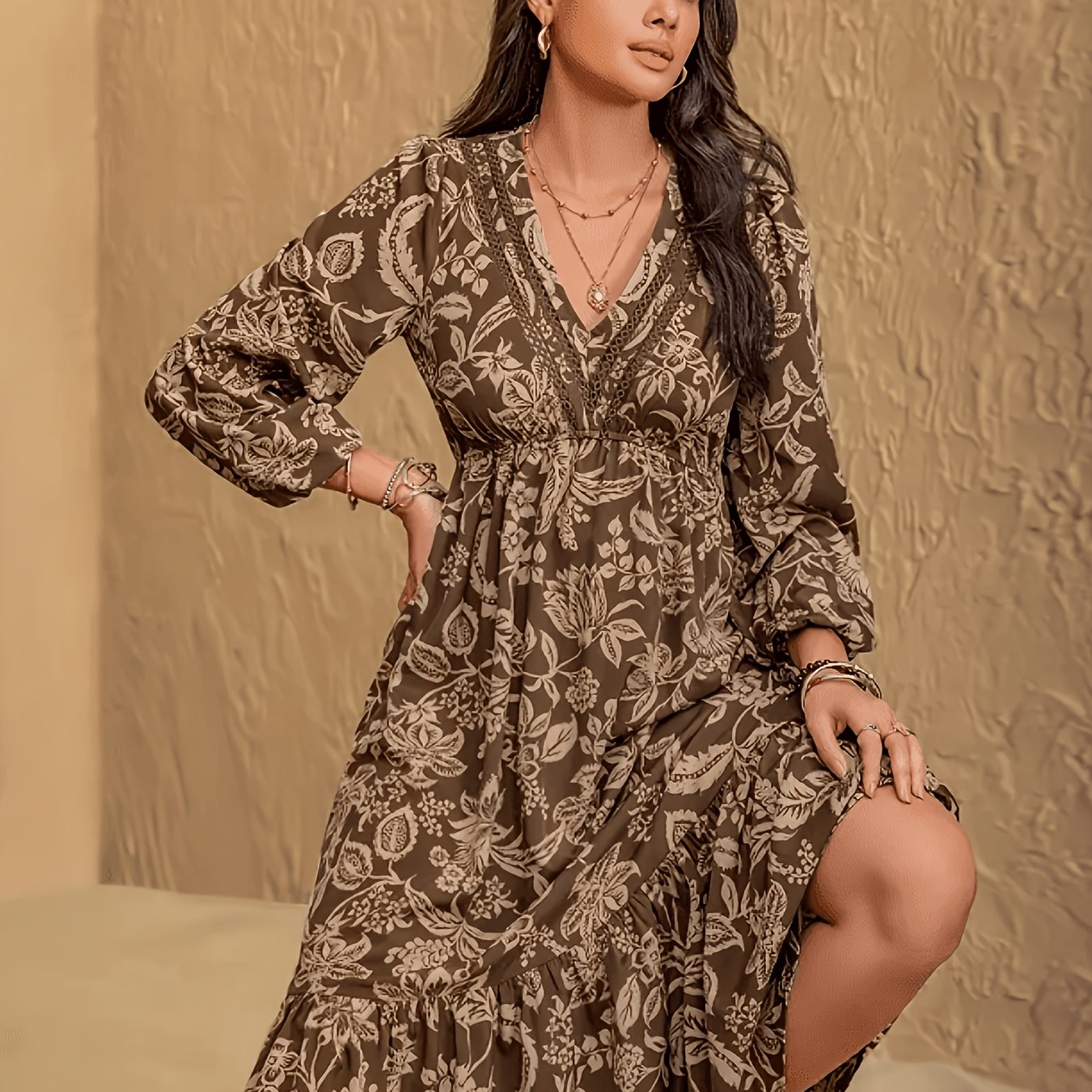 TEMU Vestido, Estilo Bohemio Vintage Romántico con Estampado Floral Exquisito, Cuello en V, Abullonada, Cintura Entallada, Falda A-Line con Farol,