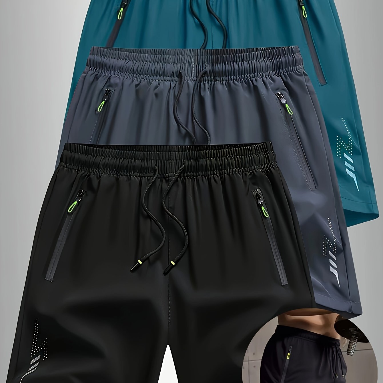 TEMU 3pcs Fsdd Men's Casual Athletic Shorts - Fiber Fabric, Stretch Polyester Blend, Regular Fit With Zippered Pockets, Lightweight & Breathable For