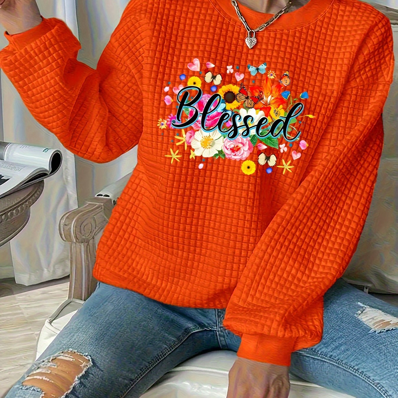 TEMU Plus Size, Plus Size Women's Versatile Fashion Print Texture Sweatshirt