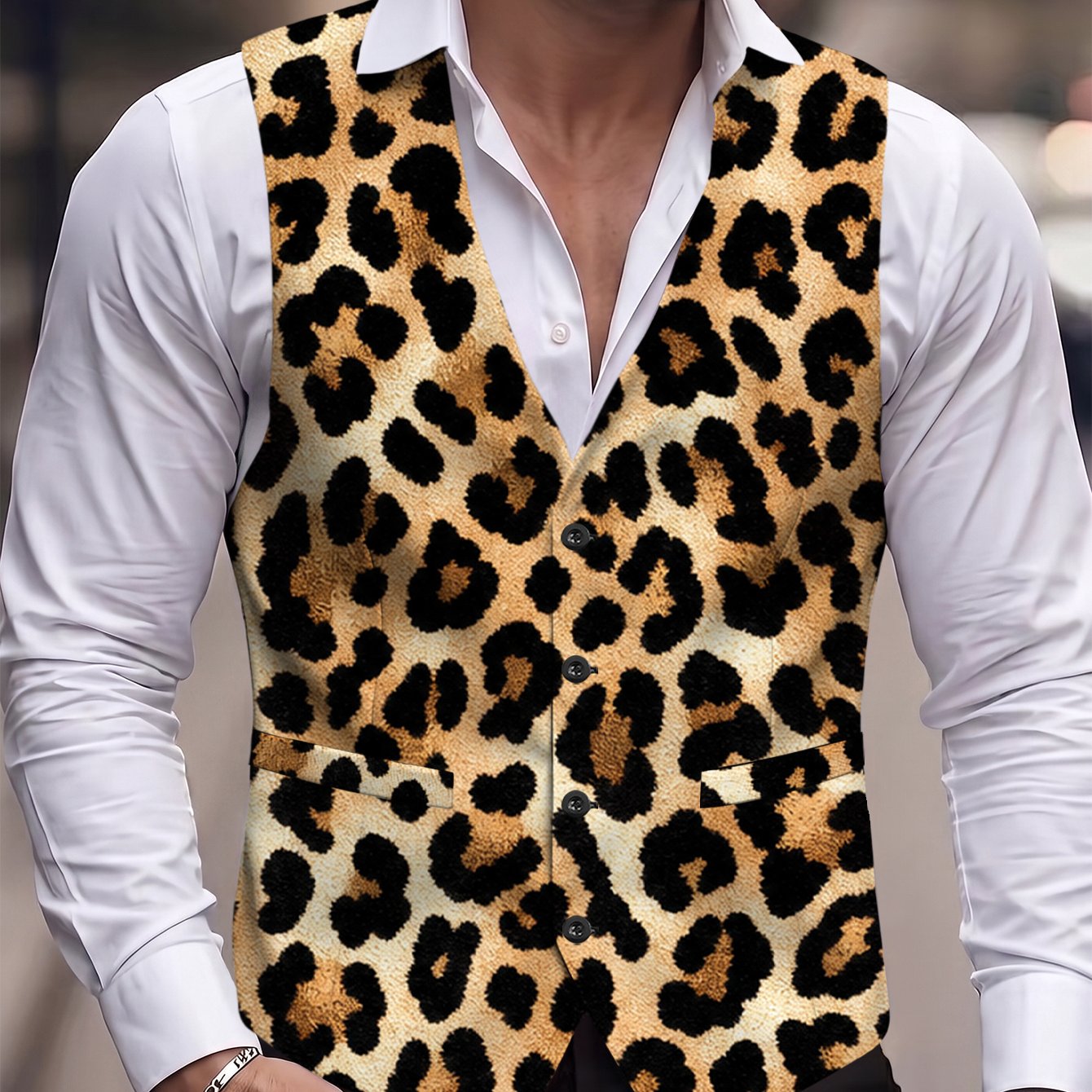TEMU Plus Size Men's Leopard Print Vest, Single Piece, Enlarged Print Animal Texture Vest, Casual Loose Waistcoat In Brown And Black, Printed Formal