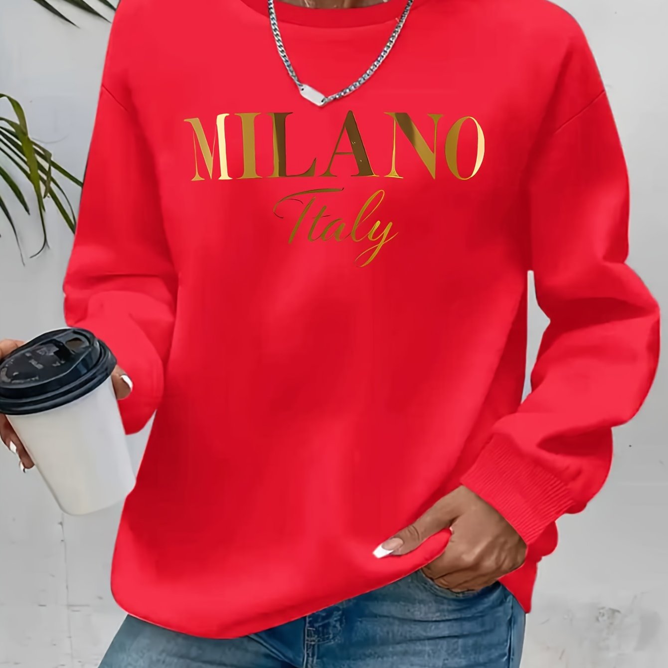 TEMU Fashionable " Italy" Letter Print Design Women's Casual Crew Neck Sweatshirt, Women's Crew Neck S Shirt, Versatile Sweatshirt For Casual And