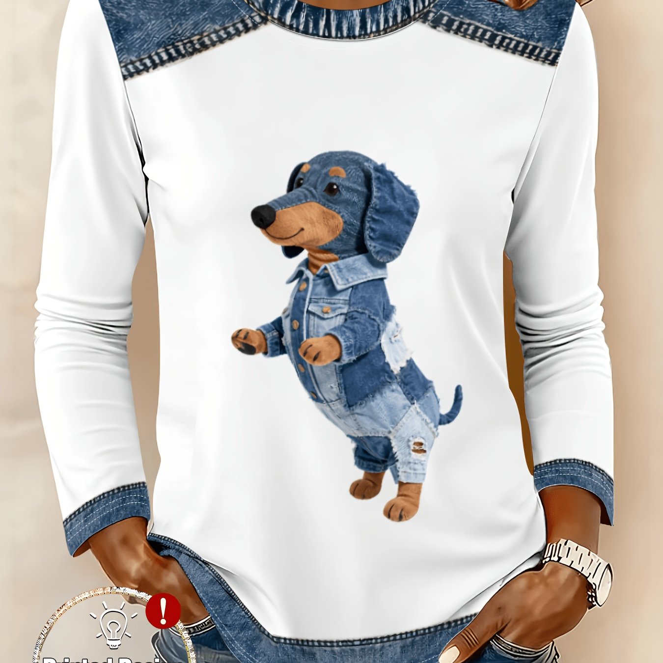 TEMU Camiseta de larga para mujer con estampado de perro estilo vaquero, corte holgado casual, moda country vintage, ideal para uso diario y para