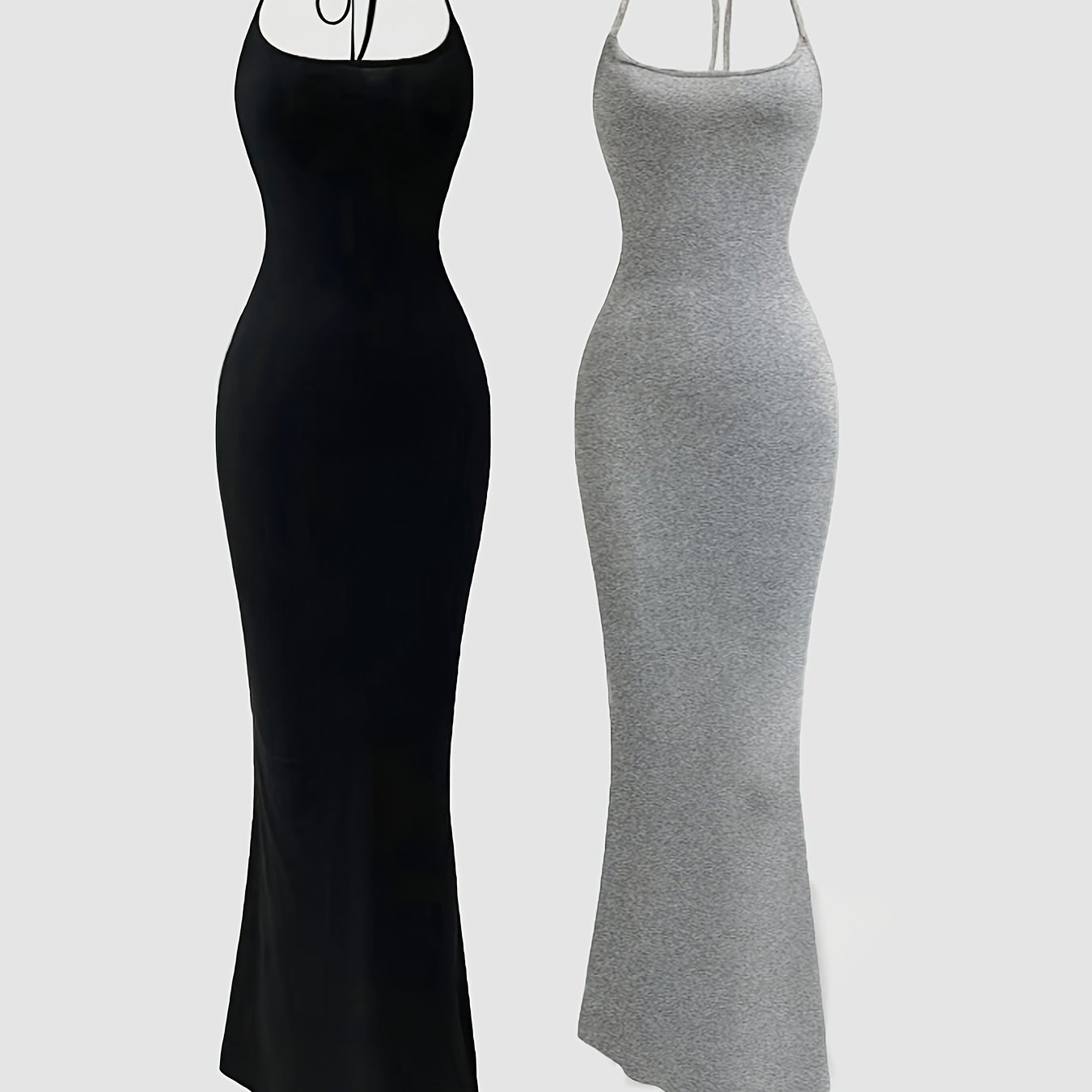 E-shop 2er Set Elegantes Neckholder Langarmkleid | Slim Fit, Sexy Rückenfrei, Unifarben, Schnürdetails für Frühling/Sommer