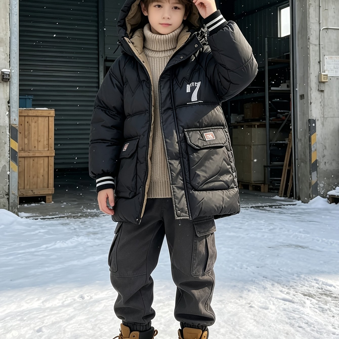 Image of Boys' Winter Digital Hooded Workwear Coat, Children's Thickened Warm Casual Jacket, Suitable For Boys Aged 3-12. Embellishes Trendy Cool Personality, Double Workwear Large Pockets Are Practical
