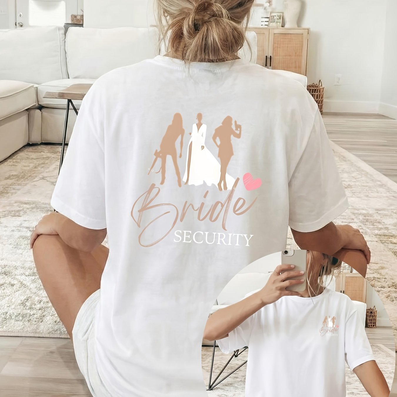 TEMU [double-sided Print] Women's T-shirt, Short-sleeved Round-neck Casual Top. Features Silhouette Of Bride And Bridesmaids With "bride Security"