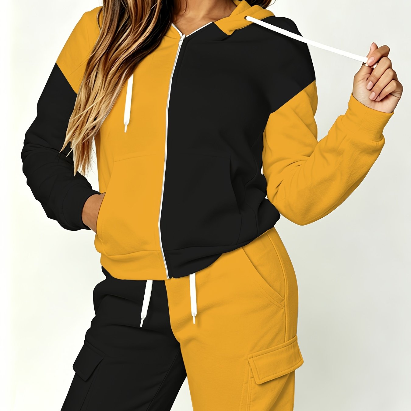 Image of Women's Color-blocking Two-piece Sportswear Set, Zipper Hooded Sweatshirt And Cargo Jogger Pants Outdoor Sportswear