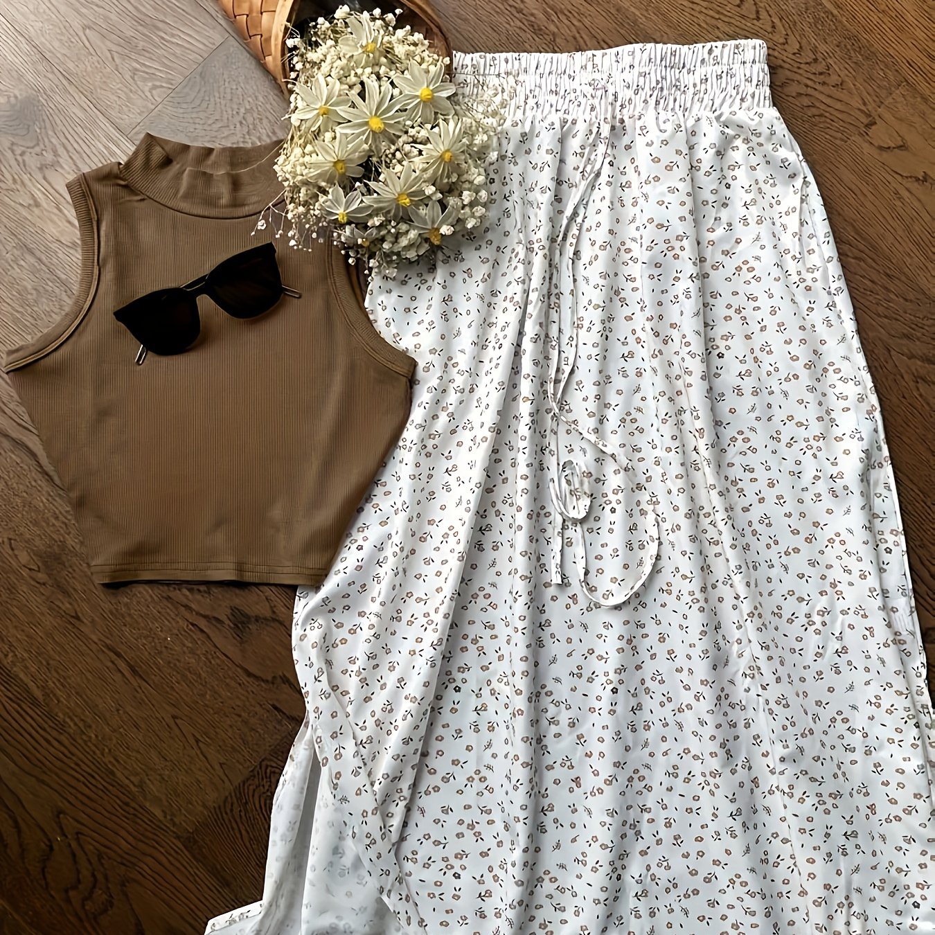 E-shop Damendesign 2025 Sommerurlaub Casual Eleganter Stil Frischer Halbrollkragen Slim Fit Ärmelloser Top + Blumenmuster Midi-Rock Atmungsaktives