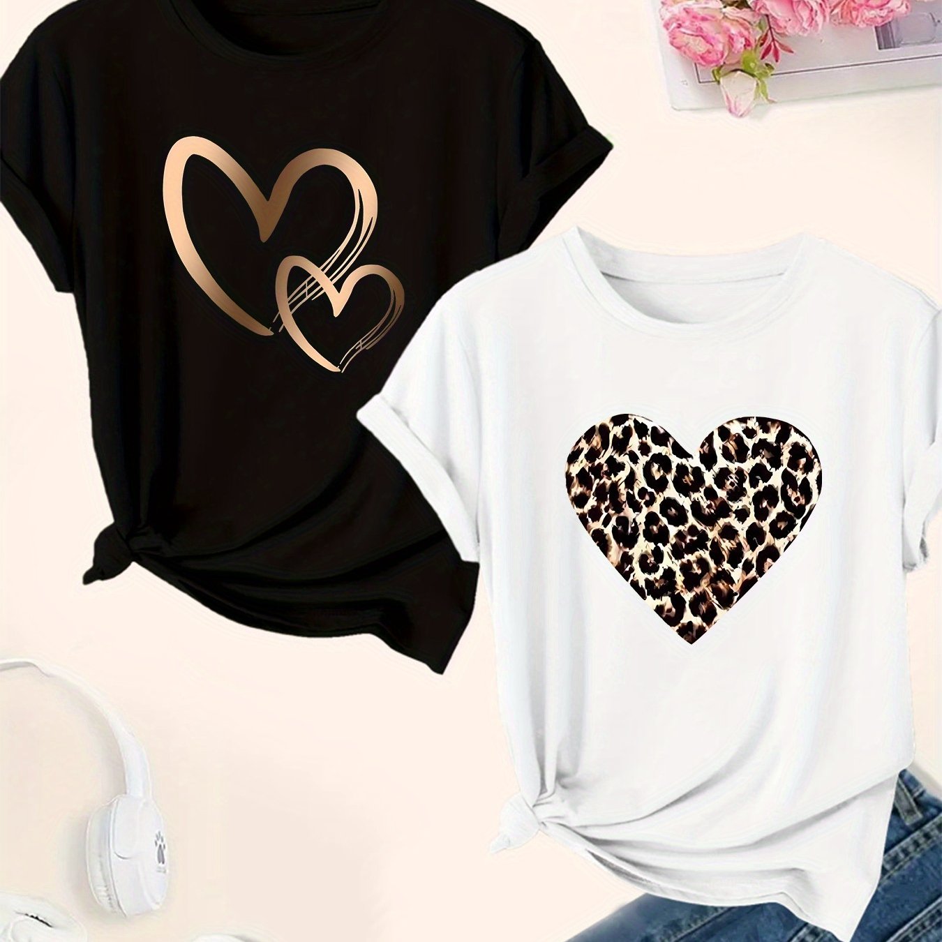 TEMU European And Spring And Summer Women's Clothing Featuring Heart In A Casual Two-piece T-shirt Set