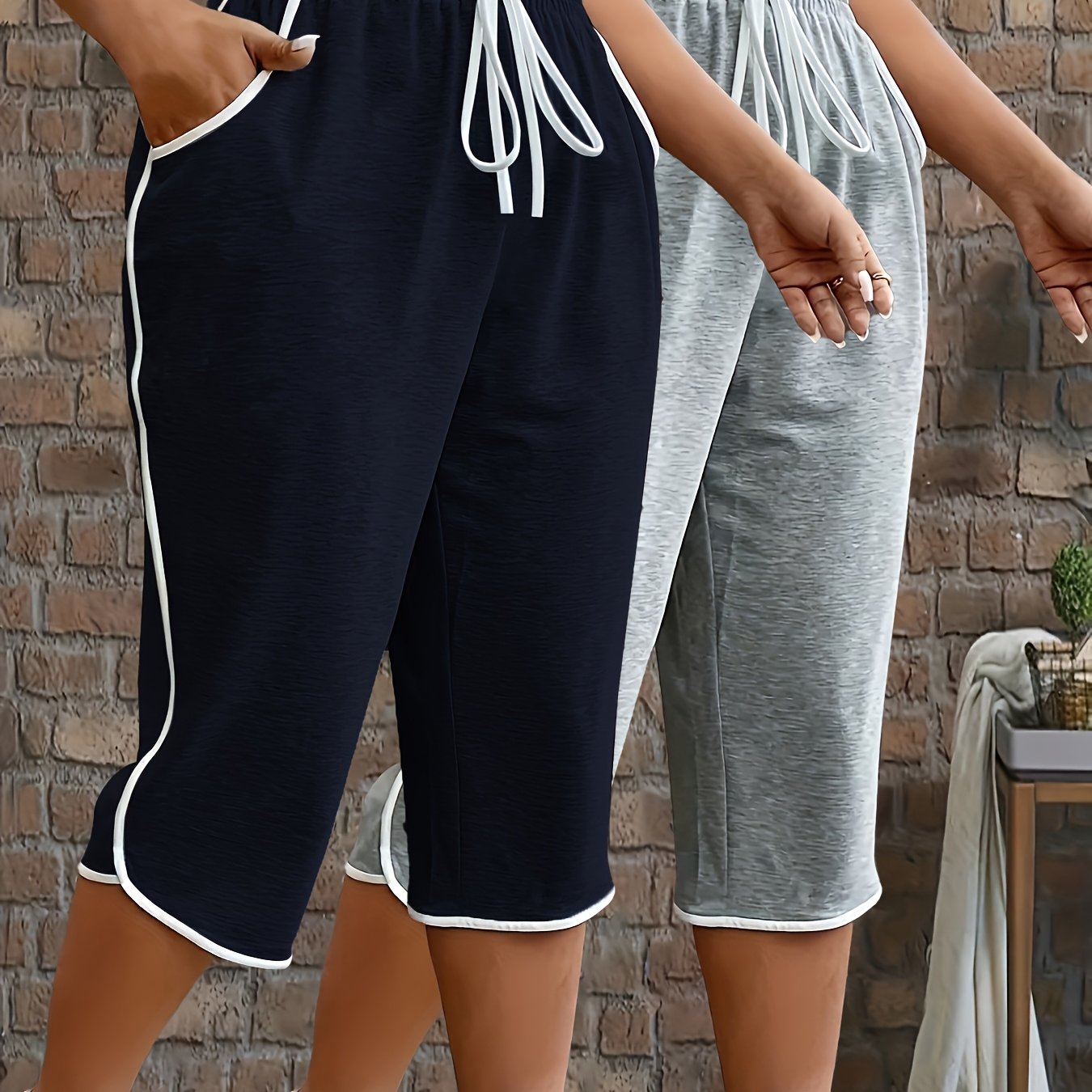 TEMU Plus Size - A Set Of 2 Pieces Of Plus-size Solid Color Capri Casual Pants, Featuring Pockets And Made From Stretchy Fabric, With Stylish