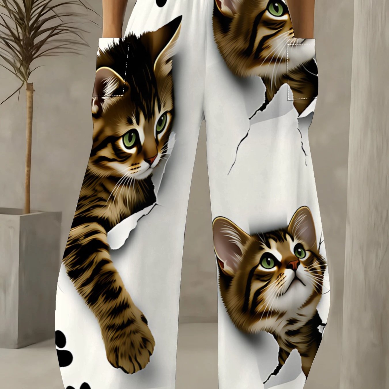 TEMU レディース レギュラーサイズ 甘くて可愛い猫プリント ワイドレッグパンツ トレンディなハイウエスト ルーズで万能なレジーロングパンツ
