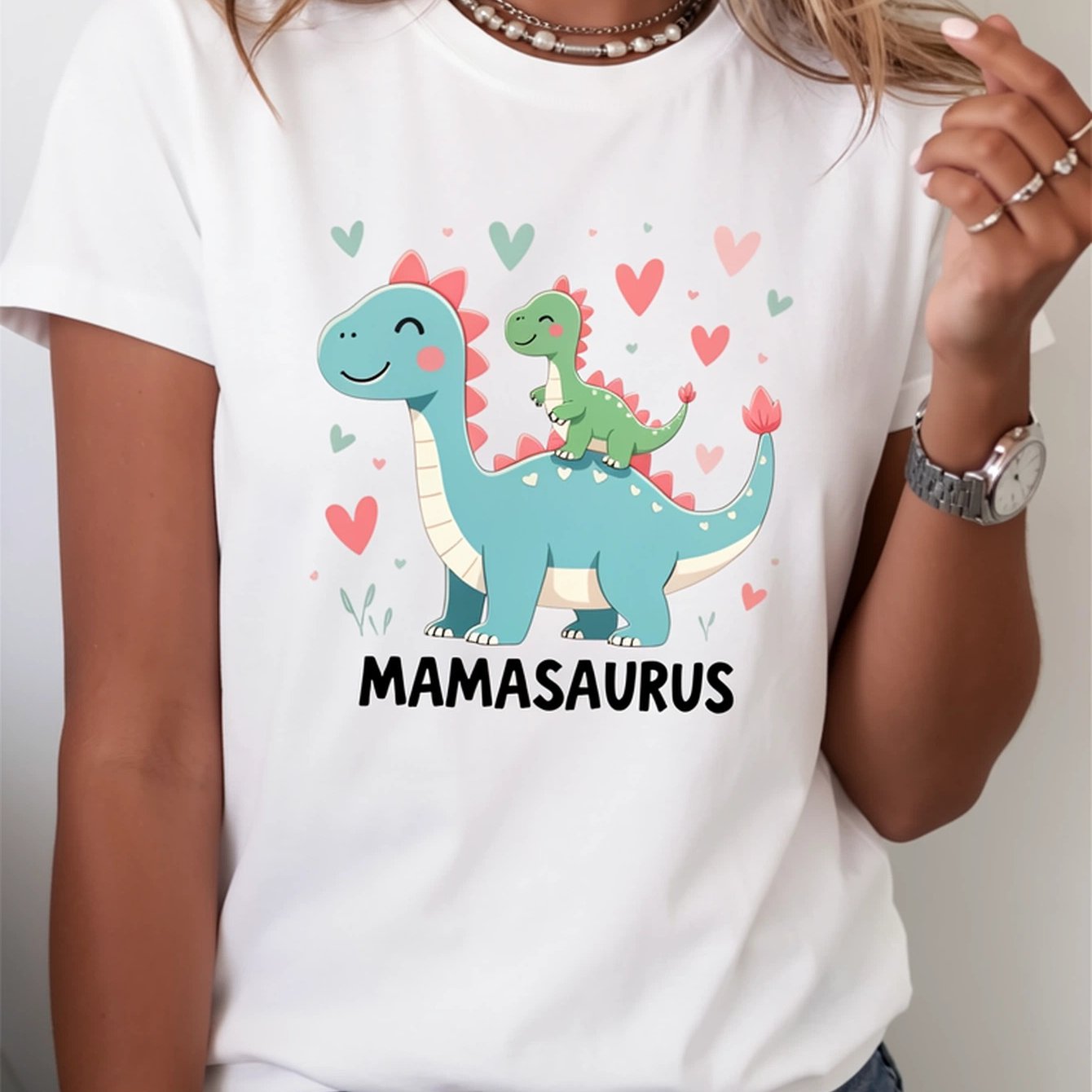 Image of 1pc, Women's Mom Dinosaur Print T-shirt - Cute Dinosaur And , Short Sleeve Round Neck Casual Top, Suitable For Spring And Summer, Black With Colorful Print, Casual Print Top