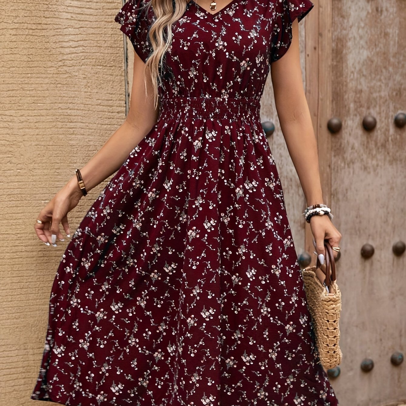 Spring/ New Printed V-neck Short Sleeve Dress