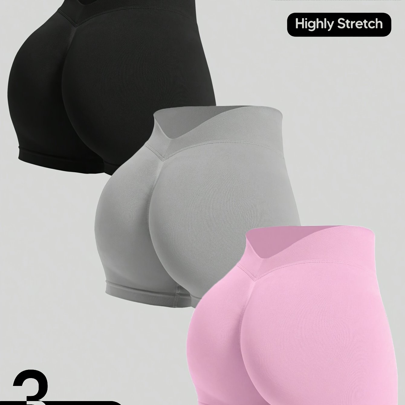 Image of 3pcs Set Solid Color Fashionable Sexy Low- Women's Sports Shorts, Stretchy Breathable Fitness Workout Shorts, Tummy Control Body-hugging Yoga Shorts, Women's Yoga Apparel