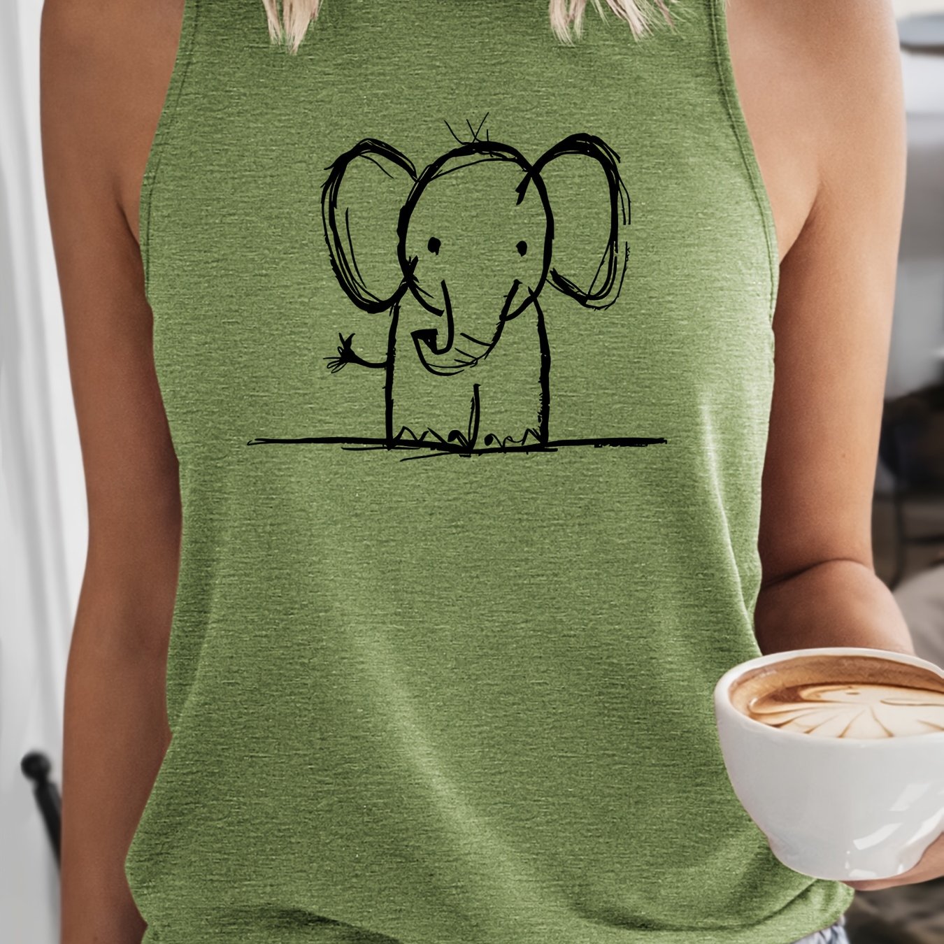 TEMU Vintage Line Art Elephant Print Women's Tank Top, Spring/summer Sleeveless Top, Comfortable And Breathable Round Neck Sleeveless T-shirt, Unique