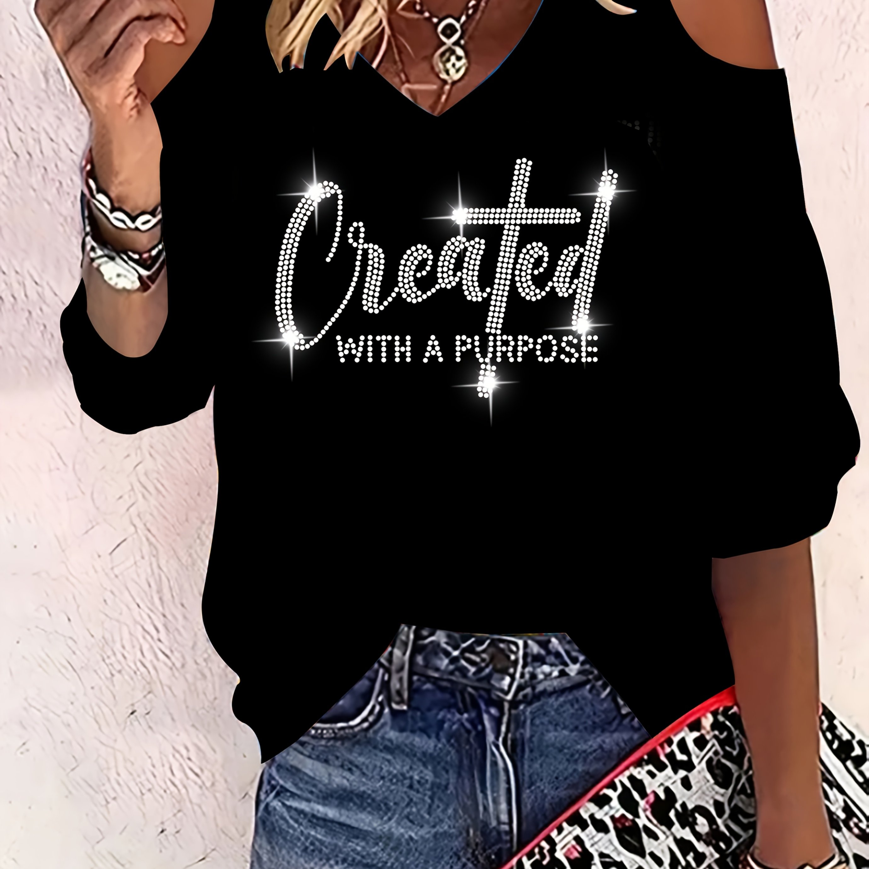 Image of Elegant Women's V-neck Letter Rhinestone T-shirt, Fashionable V-neck Off-shoulder Rhinestone Top