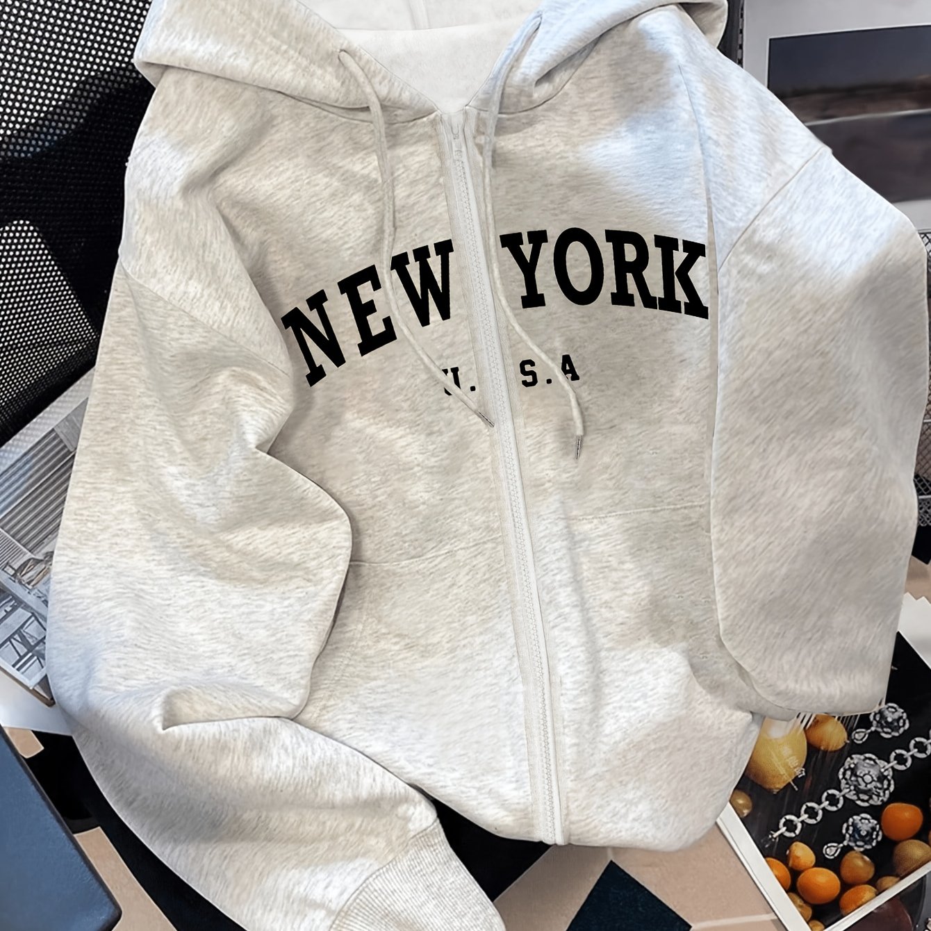 TEMU Sweat-shirt de sport décontracté avec fermeture éclair et cordon de serrage à capuche, imprimé motif lettre USA , style automne hiver chaud en