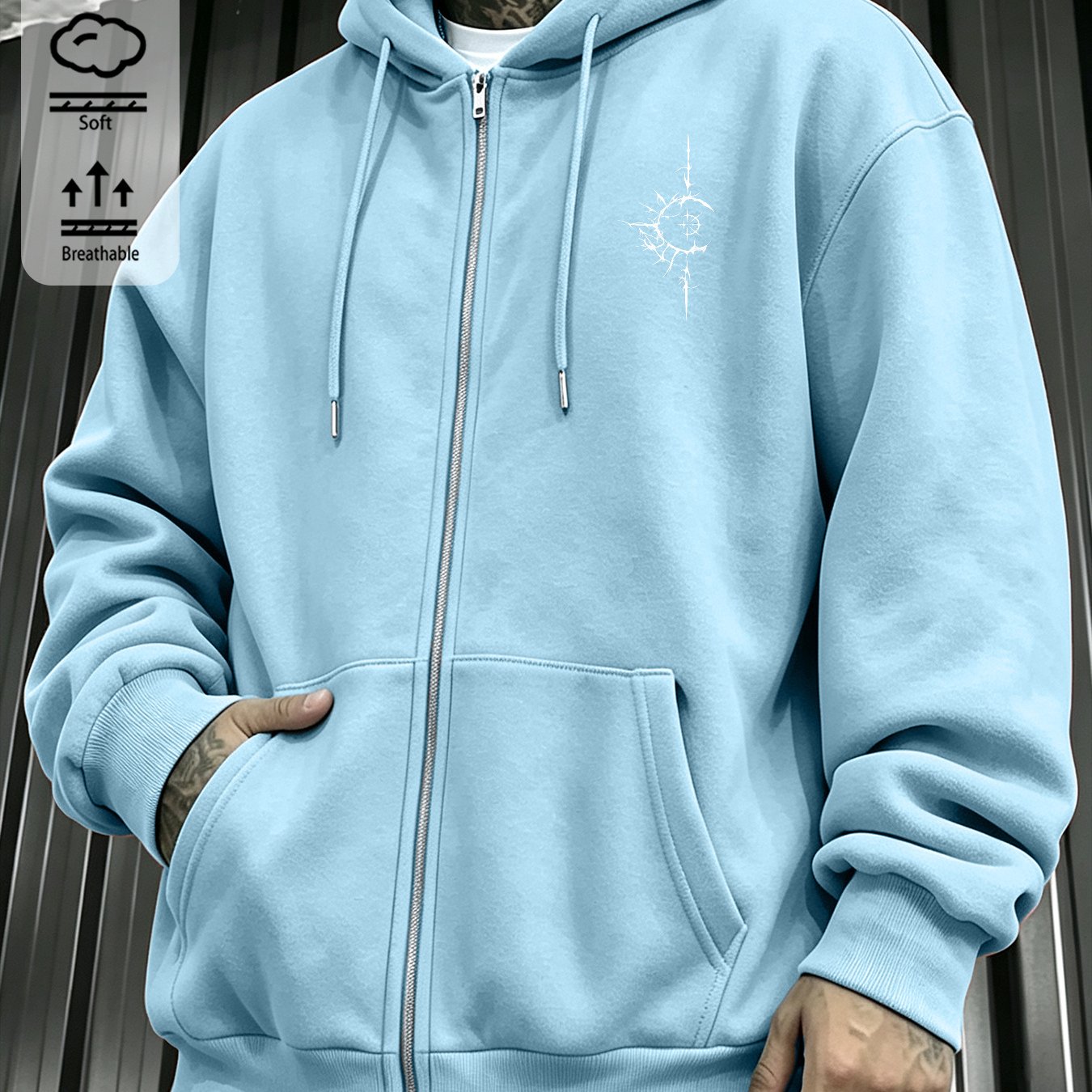 Image of Men's Autumn Zip-up Hooded Pocket Sweatshirt With Minimal Chest Embroidery, Casual Lightweight Jacket For Spring And Fall, Loose-fit Long-sleeve Everyday Outerwear