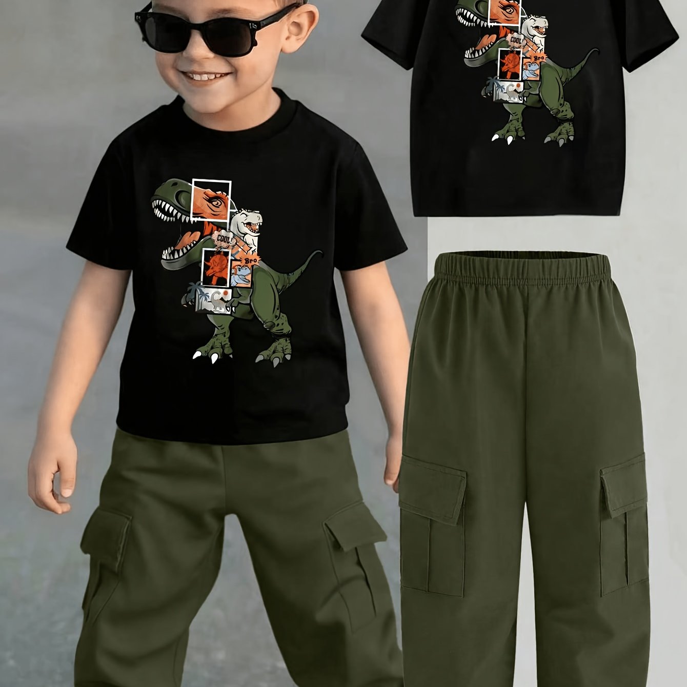 TEMU Ensemble décontracté de style travail pour garçon : T-shirt noir à manches courtes à imprimé dinosaure + Pantalon cargo vert armée à revers,
