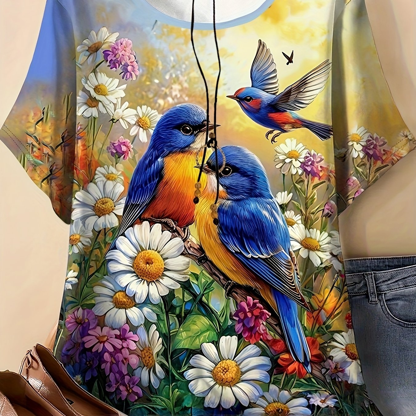 TEMU Plus Size - Plus Size - Plus Size Women's T-shirt Featuring Floral And Bird Prints, Round Neck Short Sleeves For Summer, Suitable For Casual