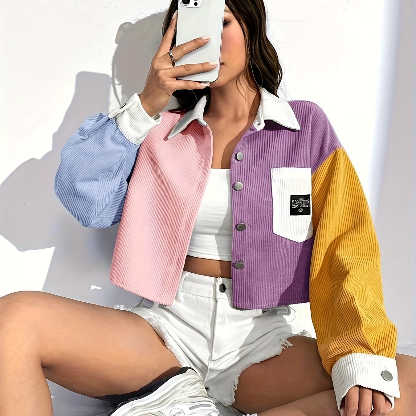 E-shop Cordstoff-Jacke mit Buchstaben-Patch, Kontrastfarben-Splicing, Kurze Knopfleiste Revers für Damen