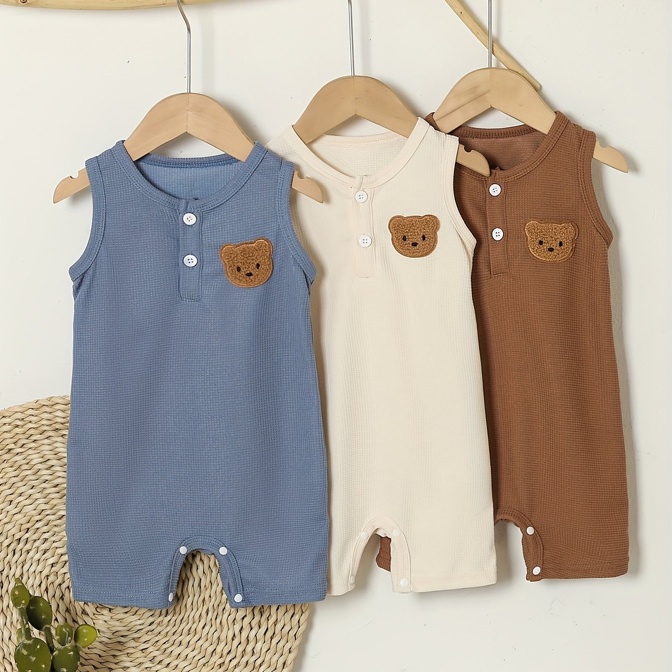 Baby Cute Bear Patch Sleeveless Vest Romper 3-pc Summer Waffle Fabric Onesie, For Outdoor