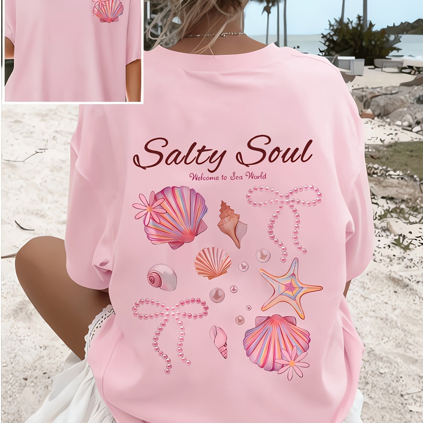 TEMU Soul Ocean Shell Front And Back Print Loose T-shirt Women's Versatile Short-sleeved Top