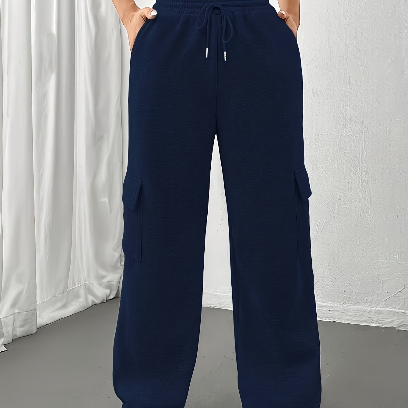 TEMU Women's Trendy Solid Color Casual Sport Pants With Elastic Waist, Drawstring, Pockets, Lining, Warm, Loose-fit Cargo Joggers