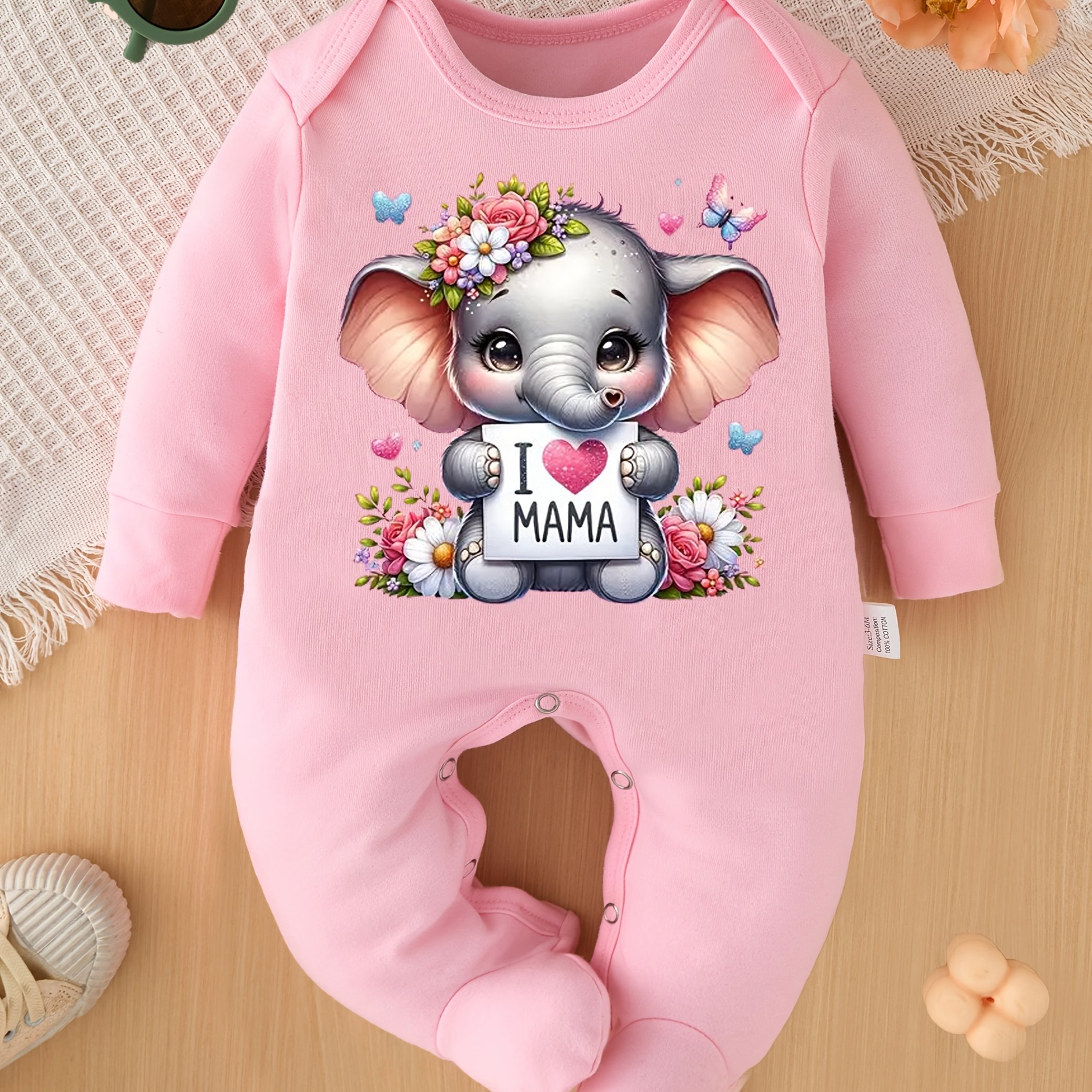 Image of Cartoon Elephant Letter Print New Newborn Footed Romper Baby Socks Footed Crawling Suit One-piece Suit Pregnancy Gift, For Outdoor