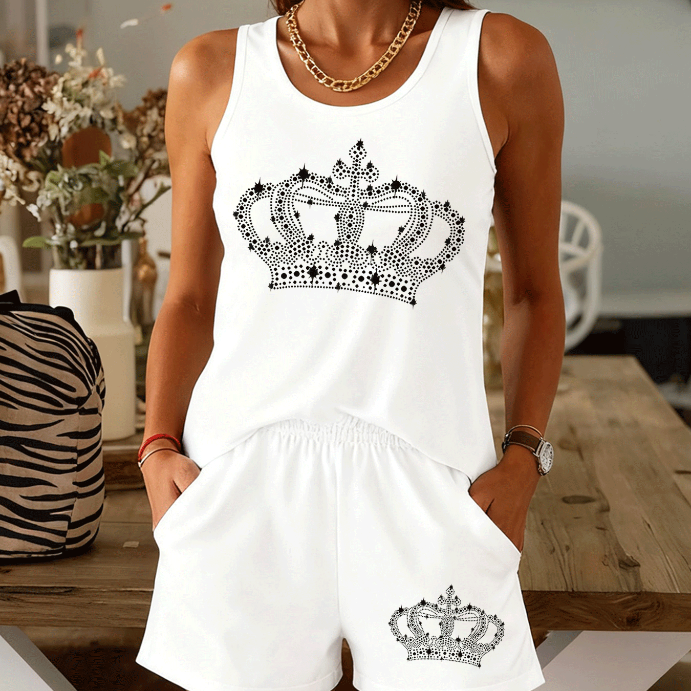TEMU Sparkling Vest Two-piece Set, Sleeveless Shorts, Summer Light Luxury Casual Loungewear, Comfortable Women's Fashion Apparel - Soft, Breathable,
