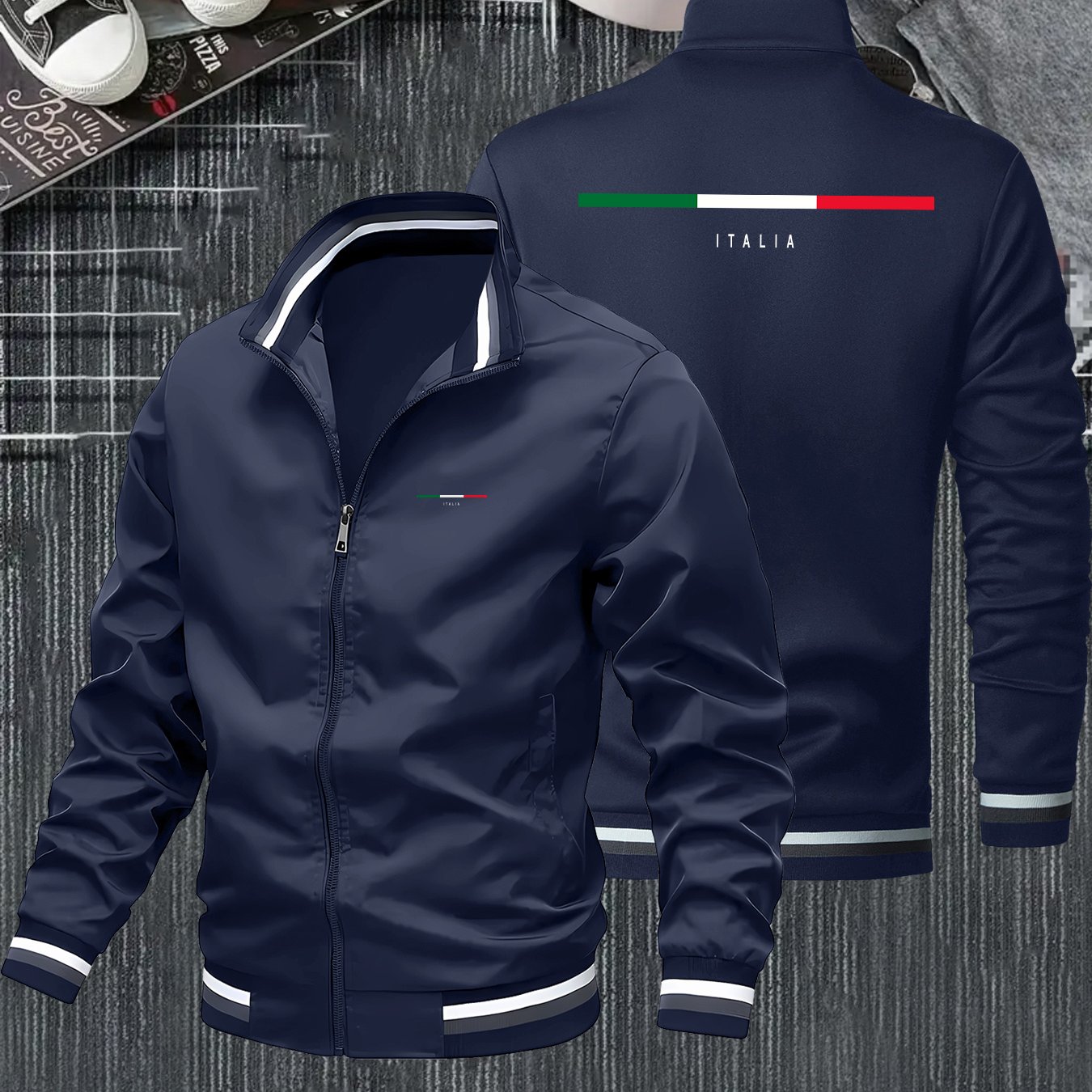 TEMU Men's Casual Stand Collar Zip-up Jacket With Pockets, Italian Flag Print, Suitable For Formal And Casual Occasions, Sporty Style Versatile