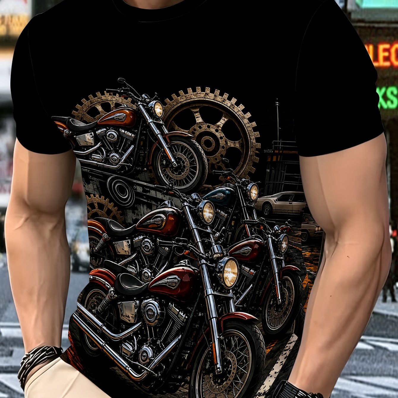 TEMU [printed - Not Textured] Motorcycle Oversized Men's Short Sleeve T-shirt, Extra Large Loose Fit, Round Neck Casual Summer