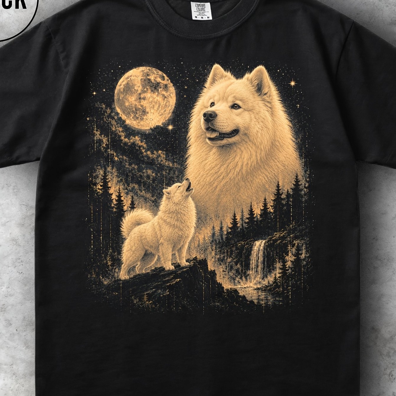 Image of Samoyed Moon Fluffy Arctic Dog Breed Celestial Night T-shirt Men 180g Tee