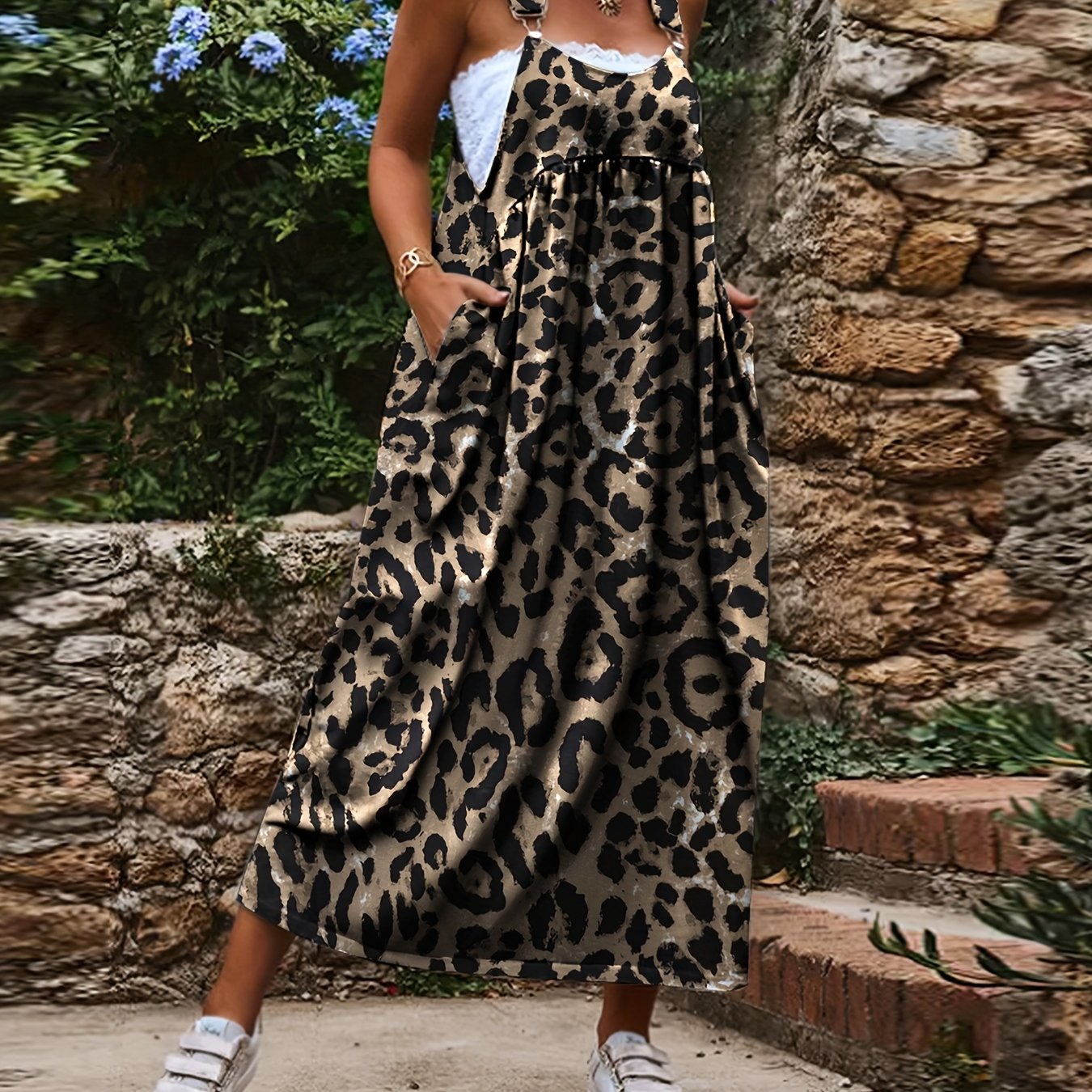 Plus Size - Plus Size - Plus Size Women's Casual Versatile Leopard Print Suspender Dress