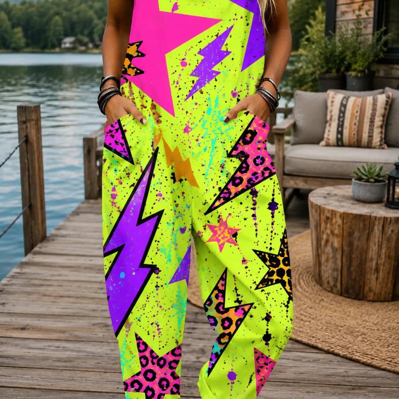 Image of Women' Size Overall Jumpsuit, Size S-2xl Neon Casual Wear Adjustable Shoulder Straps Wide-leg Pants Suitable For Daily Wear And , An Ideal Gift For .