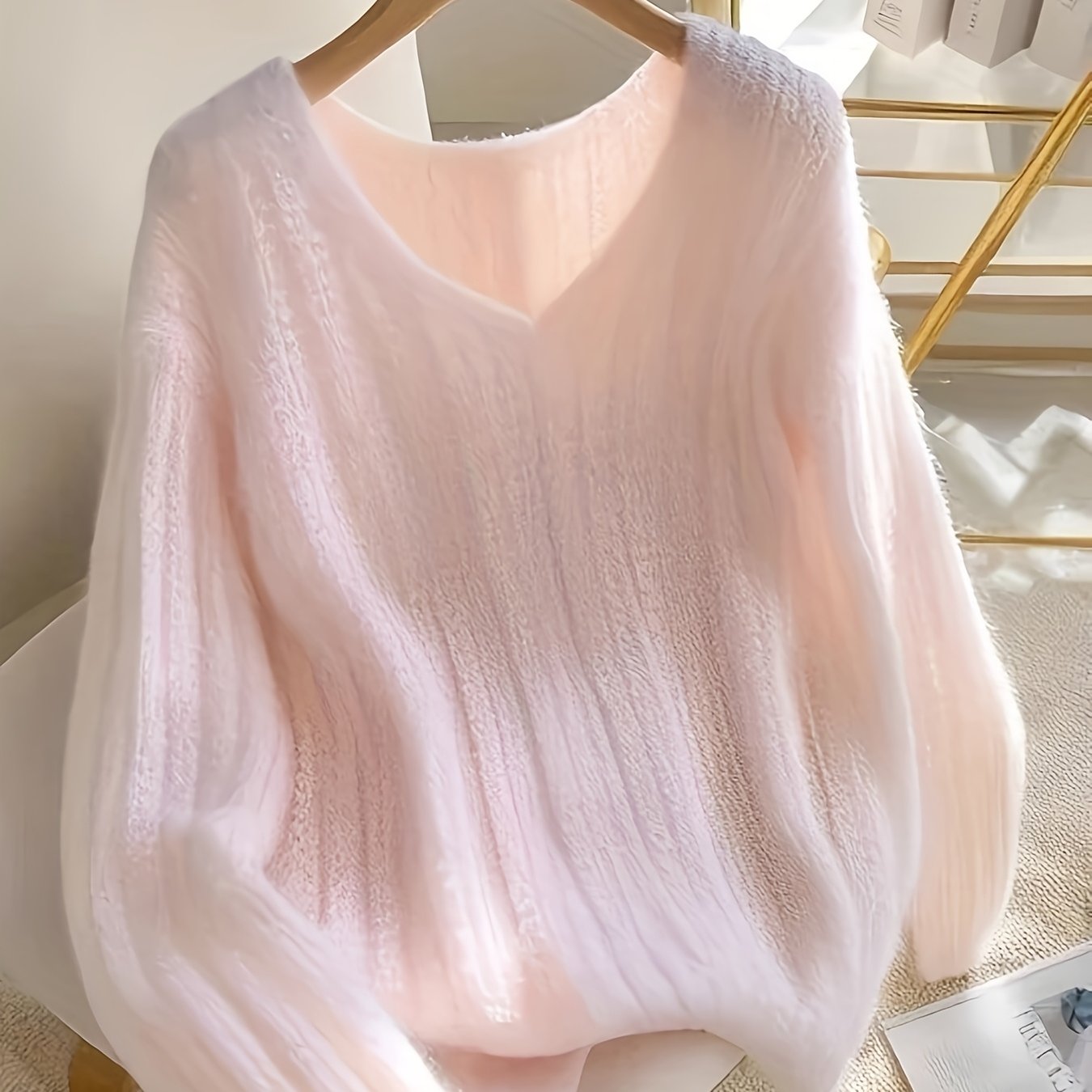 Women's Loose V-neck Sweater - Comfortable Pink Pullover, Casual Spring Summer Fall Wear, Women's Sweater And Summer